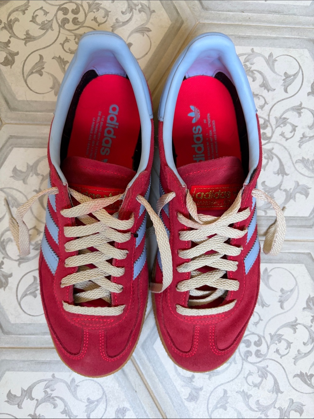 Adidas Handball Spezials Red Suede Sneakers with Light Blue Stripes